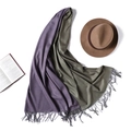 Detail shot of a dual-color cashmere scarf in purple and olive green with soft fringes - Dark Purple/Olive Green Style (WJ24-17)