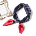 Detail of silk square scarf with golden chain print and navy blue finish for professional use - Navy Red Border