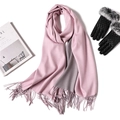 Pink and grey reversible cashmere-like scarf with fringe detail and matching black gloves - Pink/Gray Patchwork With Gloves Display Style (WJ24-19)