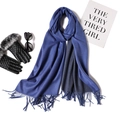 Flat lay of navy cashmere-like scarf with tassels, quilted leather gloves and sunglasses - Dark Blue Style With Fur Cuff Gloves Display (WJ24-21)