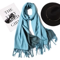 Detail of blue two-tone cashmere-feel scarf with tassels and stylish accessories - Light Blue/Dark Teal Style (WJ24-23)