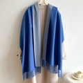 Detail of blue and grey pashmina-style scarf with fringe on a beige wool coat - 200x65cm / Blue And Gray (WT350-22)