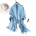 Detail of light blue cashmere-feel shawl showing soft fringe edges and double-sided texture - Light Sky Blue/Gray Blue Style (WJ24-24)