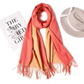 Detailed flat lay of coral and yellow cashmere-feel scarf with elegant fringe and fedora - Coral Red/Light Ginger Style (WJ24-27)