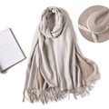 Detailed close-up of soft cashmere-feel scarf with fringe tassels and warm texture - Light Gray/Apricot Style (WJ24-31)