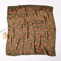 Flat lay of an olive green square scarf with cute red fox and yellow star patterns - Army Green