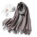 Detail of soft gray and taupe cashmere-like scarf showing thick texture and long fringe - 200x65cm / Coffee And Gray (WJ32-19)