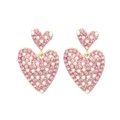 Orecchini a cuore dorati con strass rosa e perle bianche da donna stile esagerato - Doppio Cuore con Perle e Strass Rosa