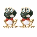 Lustige grüne Emaille Frosch Ohrstecker mit funkelnder roter Strassschleife und blauen Augen - Mehrfarbig