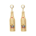 Creative alloy wine bottle earrings with red heart, pearls and colorful rhinestones - Gold