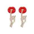 Sparkling red lip and hand gesture earrings with rhinestones and gold-tone finish - Red