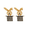Whimsical rabbit in black magic hat stud earrings with yellow and white rhinestones - Multicolor
