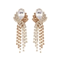 Elegantes pendientes largos dorados con borla de pedrería brillante y cristal ovalado central - Blanco AB