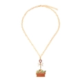 Collana dorata con ciondolo a forma di vaso di fiori smaltato e fiocco su fondo bianco - Oro