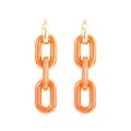 Long drop earrings featuring gold metal hoops and three linked orange resin chain rings - Orange