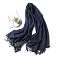 Flat lay of navy and grey cashmere-like scarf with fringe near a coffee cup and magazine - 200x65cm / Dark Blue And Gray (WJ32-39)
