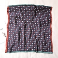 Close-up of square silk scarf with vintage horse head print and contrasting border - 70x70cm / Navy Blue