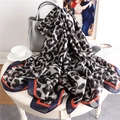 Classic leopard print silk scarf with navy and orange contrast borders for women - Black Grey Navy Edge (XS342-2)