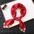 Red silk satin square scarf with cute teddy bear pattern and plaid border display - 70*70cm / Red (FJ157-2)