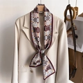 Elegant vintage geometric print skinny scarf styled on a beige blazer collar - Wine Red Beige Geometric Plant (LJ21-H295) / 145x12cm