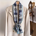 Double-layered silk skinny scarf with geometric patterns tied to a beige blazer lapel - Navy Beige Geometric Bird (LJ21-H296) / 145x12cm