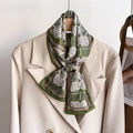 Detail of olive green silk necktie with geometric plant print on a beige suit - Olive Green Beige Plant Grid (LJ21-H297) / 145x12cm
