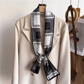 Vintage paisley print double-layer narrow silk scarf styled on a white blazer lapel - Black and White Geometric Paisley (LJ21-H286) / 145x12cm