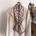 Paisley print long silk scarf styled on beige suit jacket with red contrast borders - White Base with Red and Black Paisley Red Edge (LJ21-H291) / 145x12cm