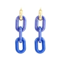Close-up of long chain drop earrings with gold metal rings and blue resin links - Blue