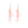 Long pink chiffon petal tassel earrings with gold chain and beads for women - Pink