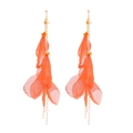 Bohemian long orange chiffon petal tassel earrings with gold chains and pearls - Orange Red