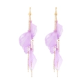 Long purple chiffon petal earrings with gold chain tassels and white pearls - Purple