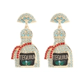 Orecchini a forma di bottiglia di tequila con strass colorati e dettaglio lime in lega dorata - Perlina Blu Chiaro