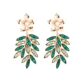 Bohemian gold flower and green crystal leaf drop earrings with pearl detail - Green