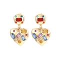 Chic heart-shaped gold earrings with colorful geometric crystal stones on white background - Multicolor