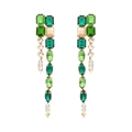 Golden geometric drop earrings with emerald cut green rhinestones and crystal tassels - Colorful