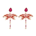 Orecchini a forma di libellula dorati con cristalli rosa e rossi e design traforato - Rosso