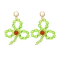 Handmade clover beaded earrings with green leaves, orange core, and pearl studs - Green