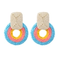 Handmade woven raffia earrings featuring colorful geometric circles in bohemian style - Blue Orange Yellow