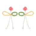 Handmade flower drop earrings with pink resin roses and colorful beaded tassels - Rainbow