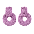 Handmade purple raffia woven geometric earrings with rectangular and circular drop design - Purple