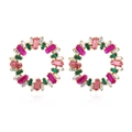 Colorful floral wreath stud earrings with rectangular crystal stones in gold setting - Colorful