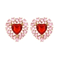 Orecchini vintage a cuore con grande pietra rossa e gemme rosa su base dorata - Pesca