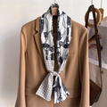 Fashion long silk scarf with chain print styled on a camel suit blazer for women - Beige Chain Tassel Polka Dot (LJ21-H293) / 145x12cm