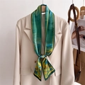 Detailed landscape print silk scarf elegantly knotted on a beige blazer lapel - Emerald Green and Bright Yellow Art Landscape (LJ21-H255) / 145x12cm