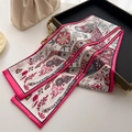 Detail of artistic horse and floral print twilly silk scarf with rose pink borders - Ethnic Style Illustration with Rose Red Edge (LJ21-H260) / 145x12cm