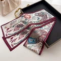 Detail of vintage horse print silk twilly scarf with burgundy borders on elegant tray - Equestrian Retro Wine Red Edge (LJ21-H261) / 145x12cm