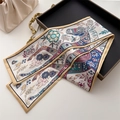 Close-up of vintage double-layer silk scarf with horse print and floral patterns - White Base Colored Horse Illustration (LJ21-H263) / 145x12cm