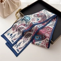 Detail of horse print silk twilly scarf with equestrian motifs and vintage navy borders - Navy Red White Equestrian Patchwork (LJ21-H264) / 145x12cm