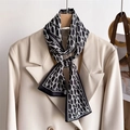 Letter print satin scarf accessory styled as a neckerchief on a beige suit lapel - Black and White Oblique Lettering (LJ21-H274) / 145x12cm